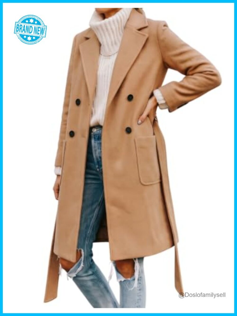 Hooever Double Breasted Wool Blend Peacoat Notched Lapel Belted Mid Long Coat